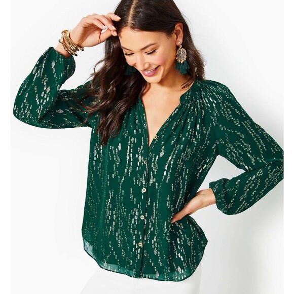 Lilly Pulitzer Noraleen Silk Blouse Green Metallic Long Sleeve V-Neck XL NWT - Picture 1 of 9
